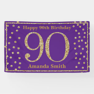 Happy 90th Birthday Banner Purple and Gold Glitter
