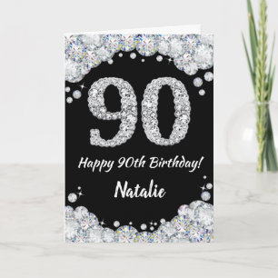Happy 90th Birthday Black and Silver Glitter Card