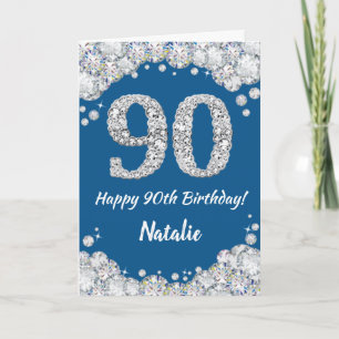 Happy 90th Birthday Blue and Silver Glitter Card