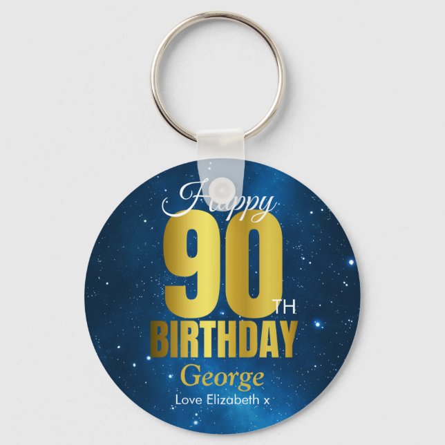 Happy 90th Birthday Blue Gold Key Ring (Front)
