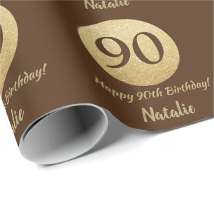 Happy 90th Birthday Brown and Gold Glitter Wrapping Paper
