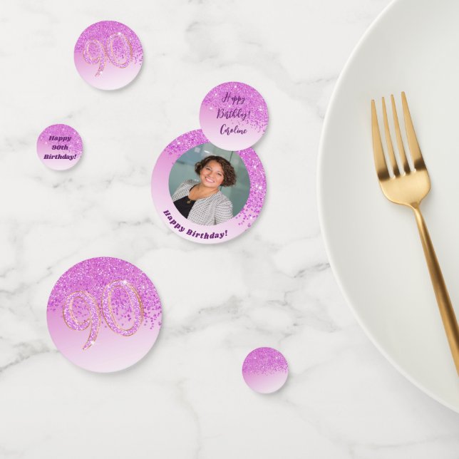 Happy 90th Birthday Chic Falling Pink Glitter Confetti (Group)