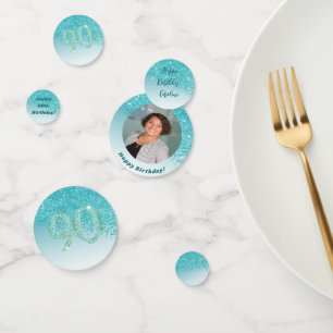 Happy 90th Birthday Chic Falling Teal Blue Glitter Confetti
