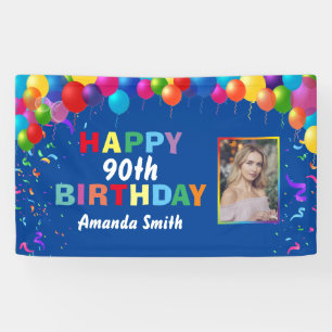 Happy 90th Birthday Colourful Balloons Blue Banner