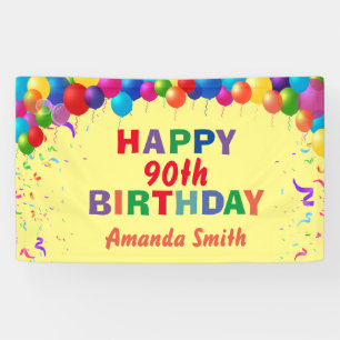 Happy 90th Birthday Colourful Balloons Yellow Banner