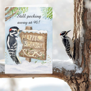 Happy 90th Birthday Downy Woodpecker Card