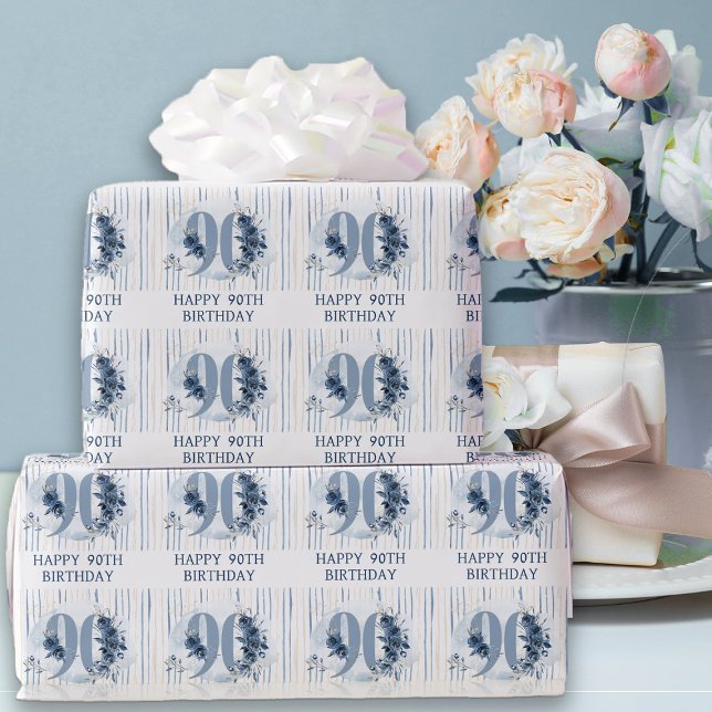 Happy 90th Birthday Floral Number 90 Wrapping Paper (90th Birthday Wrapping Paper from my Floral Number Birthday Party Collection)