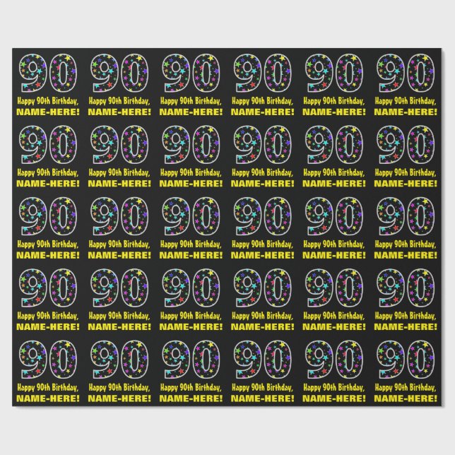Happy 90th Birthday, Fun Colourful Stars Pattern 9 Wrapping Paper (Flat)
