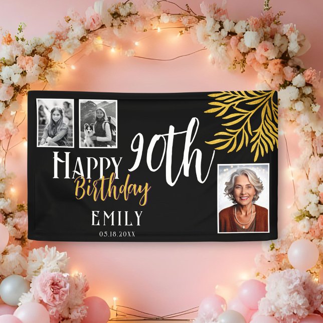 Happy 90th Birthday Gold Foliage 3 Photo Backdrop Banner (Creator Uploaded)