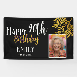 Happy 90th Birthday Gold Foliage Photo Backdrop Banner