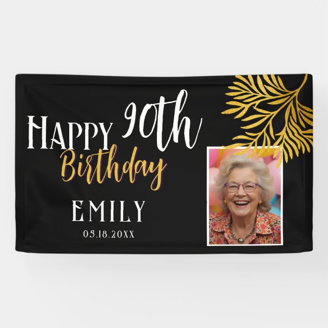 Happy 90th Birthday Gold Foliage Photo Backdrop Banner (Horizontal)