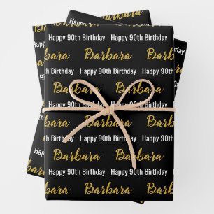 Happy 90th Birthday Gold Name Black and White Wrapping Paper Sheet