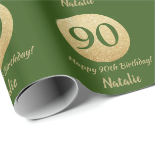 Happy 90th Birthday Green and Gold Glitter Wrapping Paper