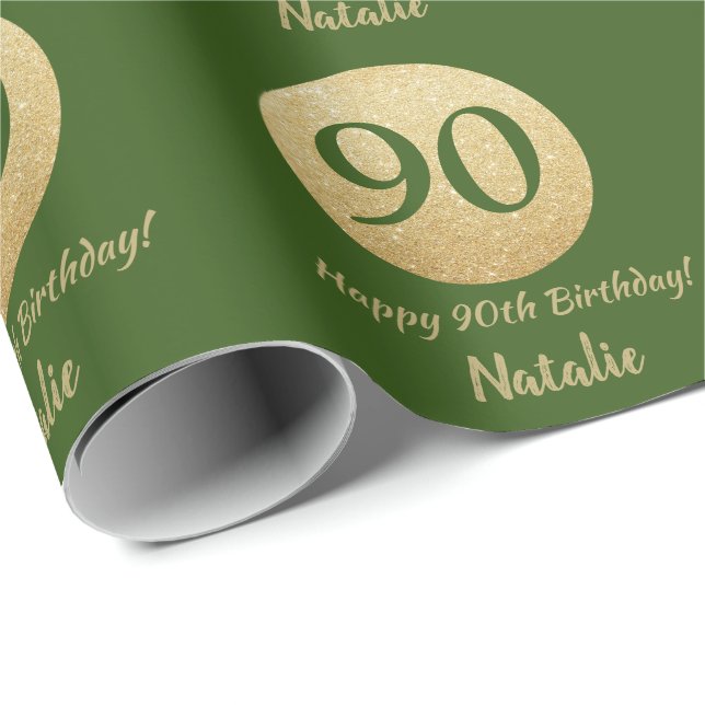 Happy 90th Birthday Green and Gold Glitter Wrapping Paper (Roll Corner)