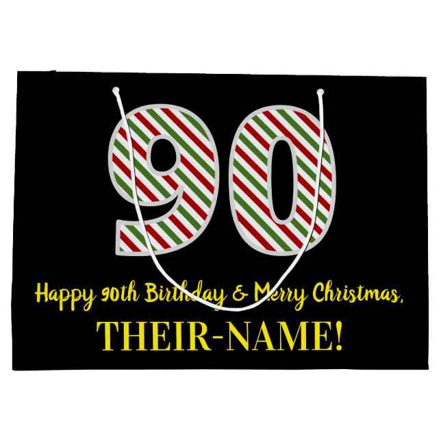Happy 90th Birthday & Merry Christmas, Custom Name Large Gift Bag (Back)