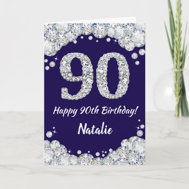 Happy 90th Birthday Navy Blue and Silver Glitter Card (Front)