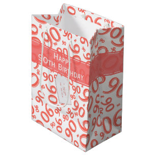 Happy 90th Birthday Number Pattern Coral/White Medium Gift Bag