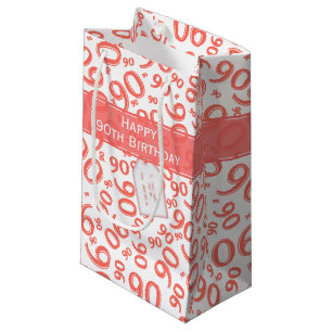 Happy 90th Birthday Number Pattern Coral/White Small Gift Bag