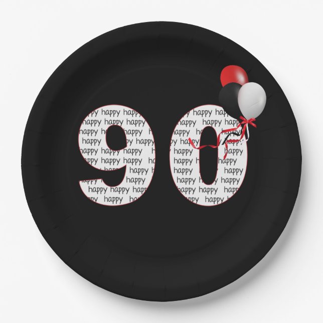 Happy 90th Birthday On Black Paper Plate (Front)
