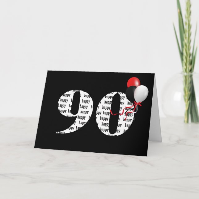 Happy 90th Birthday On Black With Balloons Card (Front)