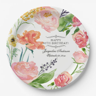 Happy 90th Birthday Party Watercolor Floral Rose Paper Plate