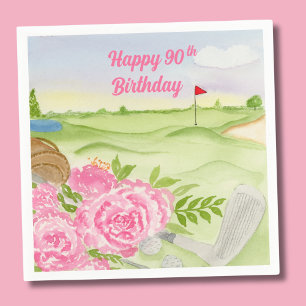 Happy 90th Birthday Peonies On Golf Course  Napkin
