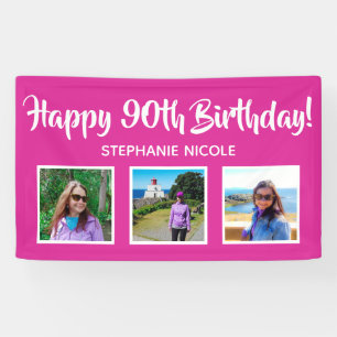 Happy 90th Birthday Pink Personalised 3 Photos Banner