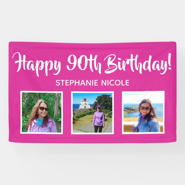 Happy 90th Birthday Pink Personalised 3 Photos Banner (Horizontal)