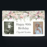 Happy 90th Birthday Pink Roses Floral 2 Photos Banner<br><div class="desc">A beautifully feminine birthday party banner to celebrate a 90th birthday in elegant style, this floral design is bordered in charming pink roses, mixed flowers and trailing greenery It has a text template for adding 2 photos of the guest of honour: Shown here with a childhood photo and a current...</div>