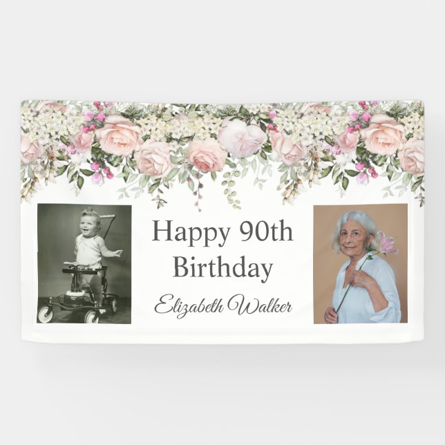 Happy 90th Birthday Pink Roses Floral 2 Photos Banner (Horizontal)
