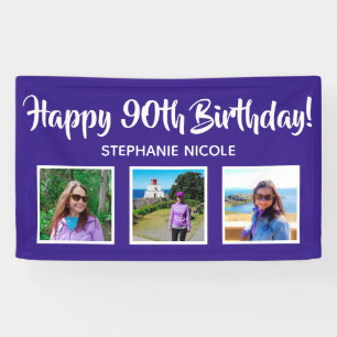 Happy 90th Birthday Purple Personalised 3 Photos Banner