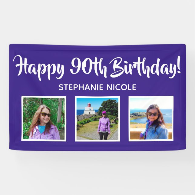 Happy 90th Birthday Purple Personalised 3 Photos Banner (Horizontal)