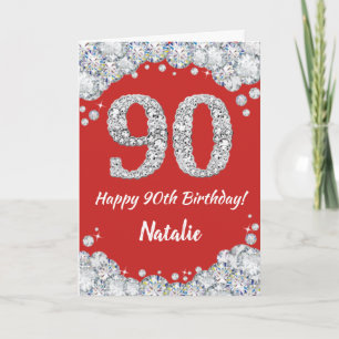 Happy 90th Birthday Red and Silver Glitter Card
