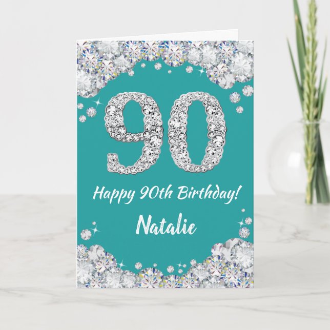 Happy 90th Birthday Teal and Silver Glitter Card (Front)