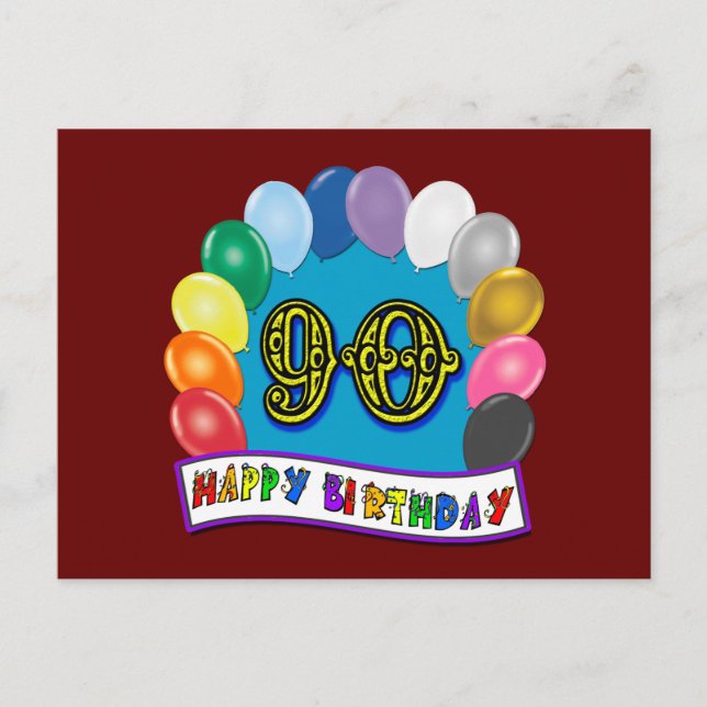 Happy 90th Birthday with Balloons Postcard (Front)