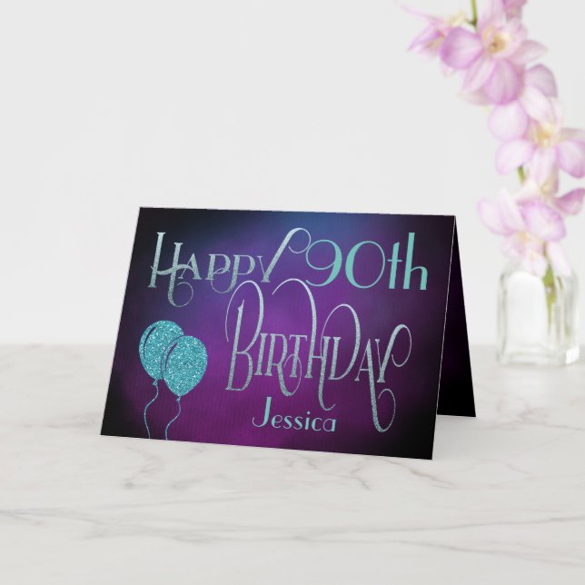 Happy 90th Name Purple Teal Mystical Birthday Card (Orchid)
