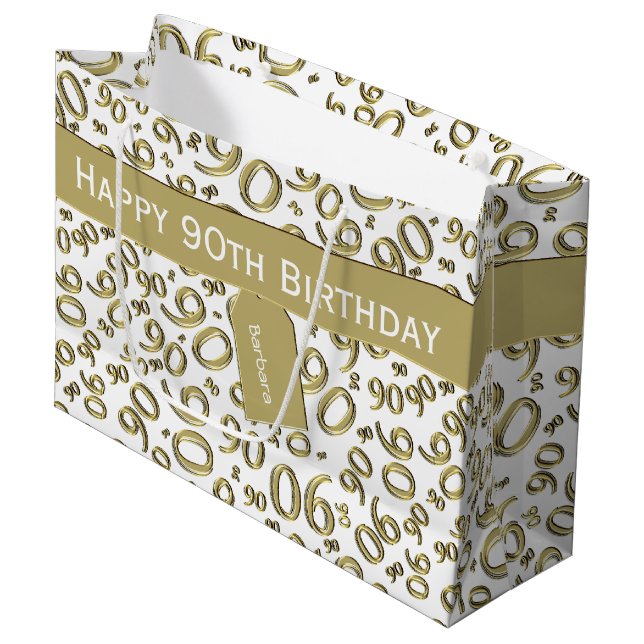 Happy 90th Random Number Pattern Gold/White Large Gift Bag (Front Angled)