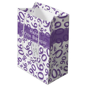 Happy 90th Random Number Pattern Purple/White Medium Gift Bag