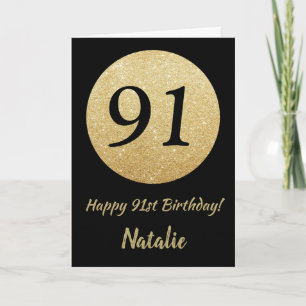 Happy 91st Birthday Black and Gold Glitter Card