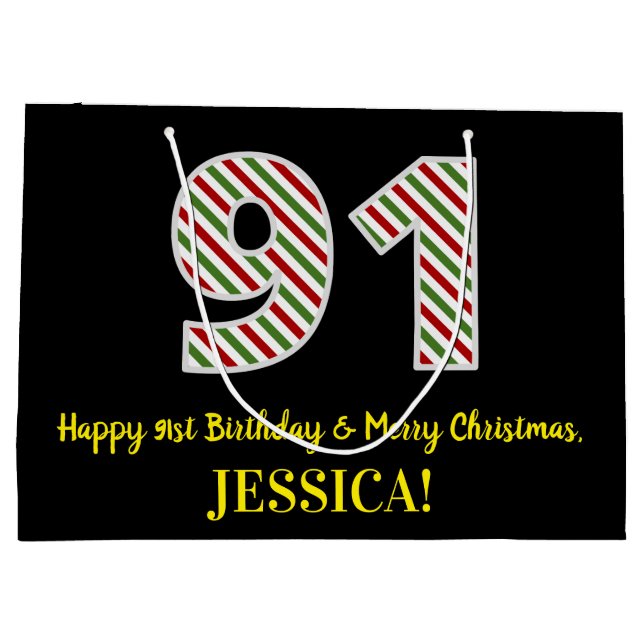 Happy 91st Birthday & Merry Christmas, Custom Name Large Gift Bag (Back)