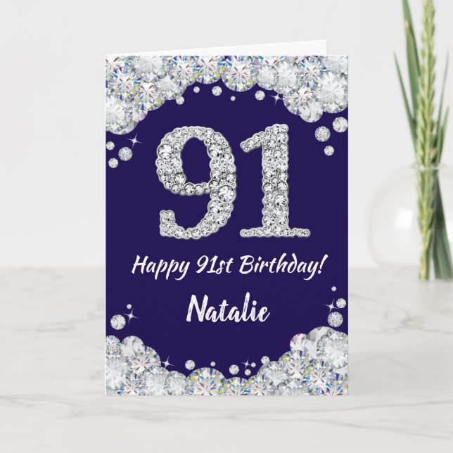 Happy 91st Birthday Navy Blue and Silver Glitter Card (Front)