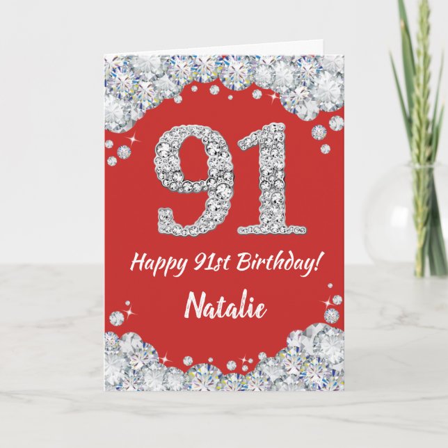 Happy 91st Birthday Red and Silver Glitter Card (Front)