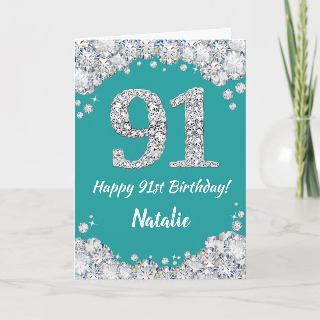 Happy 91st Birthday Teal and Silver Glitter Card (Front)