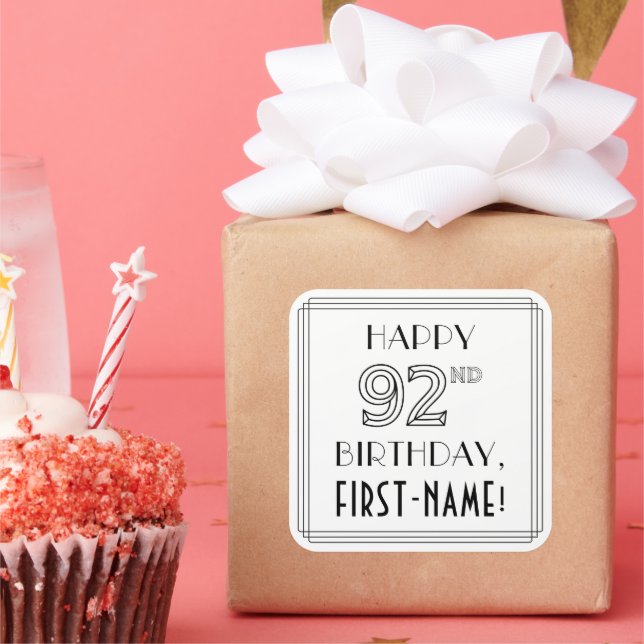HAPPY 92ND BIRTHDAY, Art Deco Style, Custom Name Square Sticker (Party)