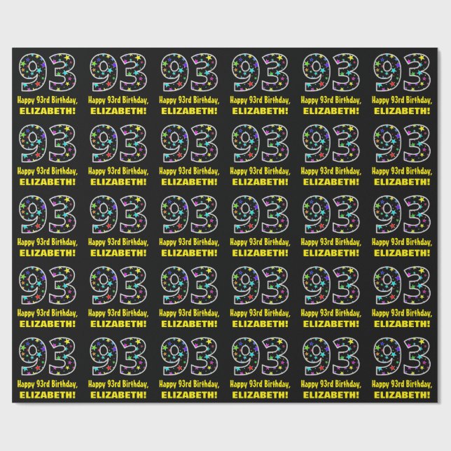 Happy 93rd Birthday, Fun Colourful Stars Pattern 9 Wrapping Paper (Flat)