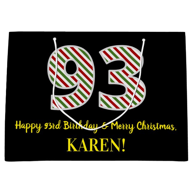 Happy 93rd Birthday & Merry Christmas, Custom Name Large Gift Bag (Front)