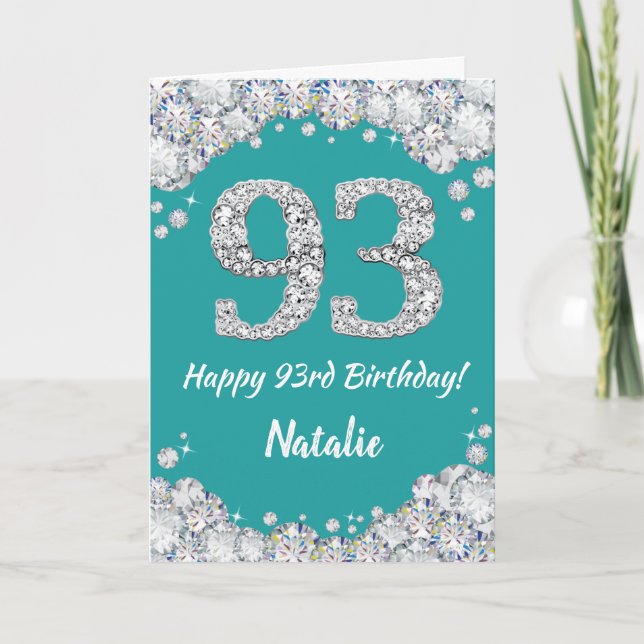 Happy 93rd Birthday Teal and Silver Glitter Card (Front)
