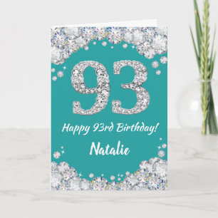 Happy 93rd Birthday Teal and Silver Glitter Card