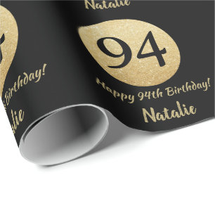 Happy 94th Birthday Black and Gold Glitter Wrapping Paper