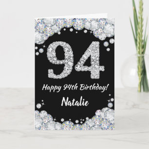 Happy 94th Birthday Black and Silver Glitter Card